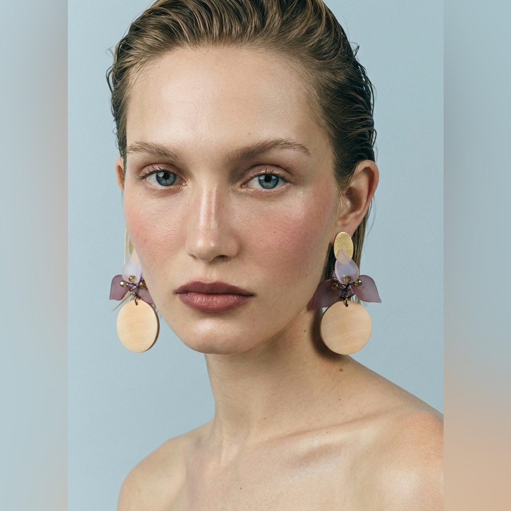 Floral Statement Earrings with Wooden Pendant | Art Jewelry